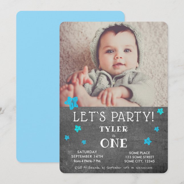 Carte d'invitation pour une fête de 1er anniversai (Devant / Derrière)