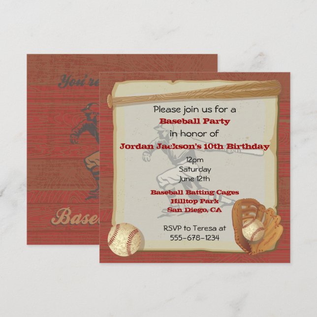 Carte d'invitation pour une fête de baseball vinta (Devant / Derrière)