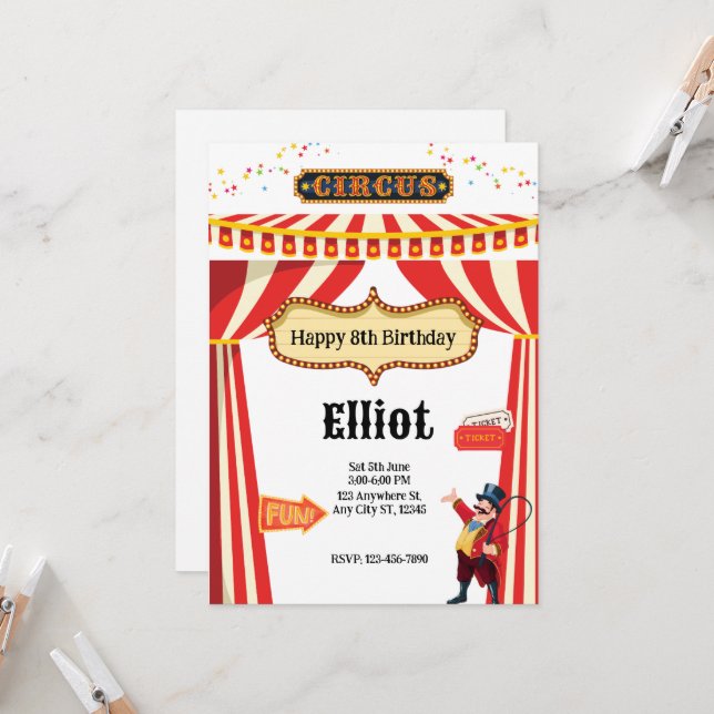 Carte d'invitation pour une fête de cirque extrava (Devant/Arrière en situation)