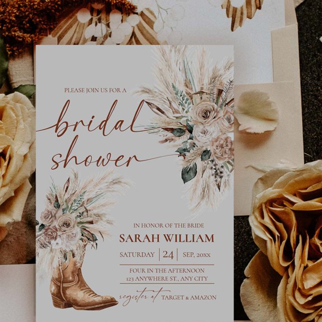 Carte d'invitation pour une fête de mariage Wester (Western Boots Bridal Shower Invitation | Rustic Boho Cowgirl Template)