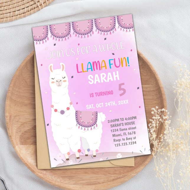 Carte d'invitation pour une fête Fiesta pour fille (Purple Back Llama Birthday Invitations)