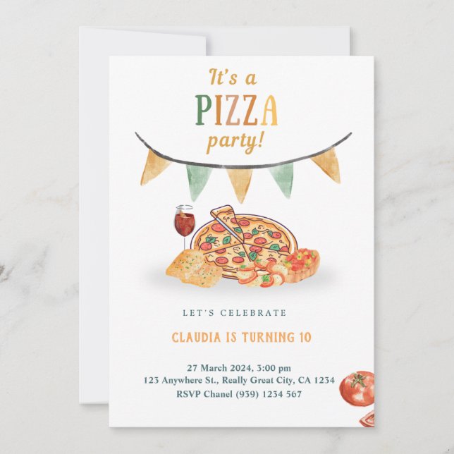 Carte d'invitation pour une fête pizza moderne est (Devant)