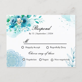 Carte d'invitation RSPV floral bleu pour mariage