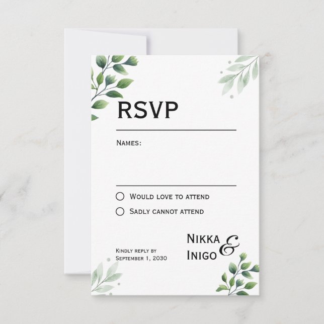 Carte d'invitation RSVP à l'aquarelle avec verdure (Devant)