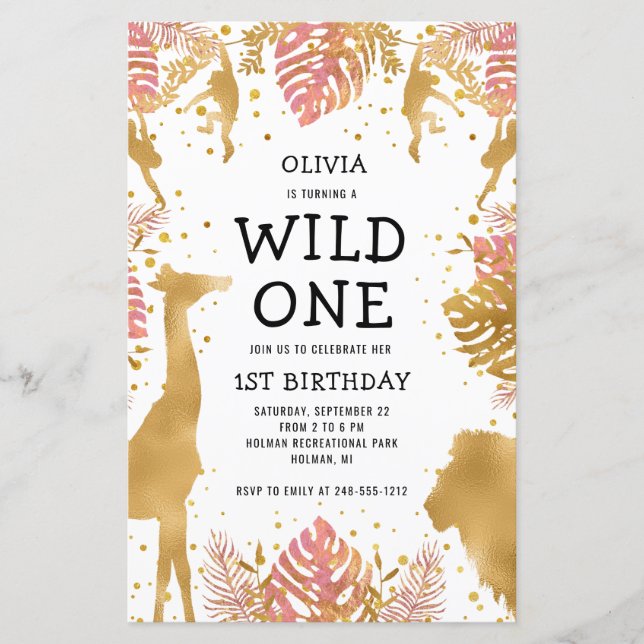 Carte d'invitation Safari Rose pour le 1er anniver (Devant)