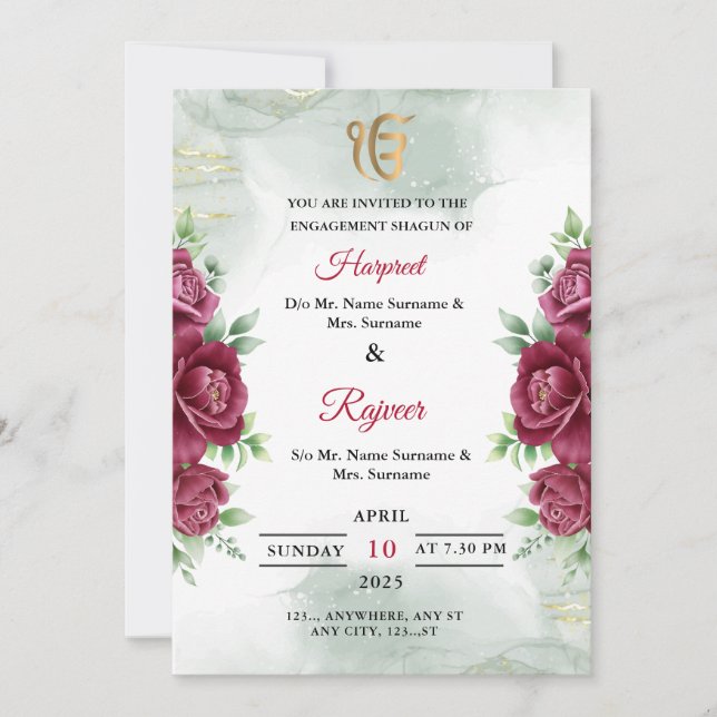 Carte d'invitation Shagun pour fiançailles Sikh, C (Devant)