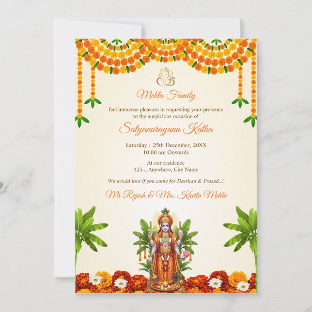 Carte d'invitation Sri Satyanarayan Bhagwan Puja (Devant)