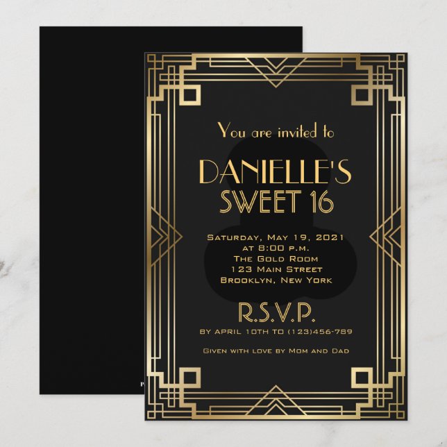 Carte d'invitation Sweet 16 inspirée du Gatsby ave (Devant / Derrière)