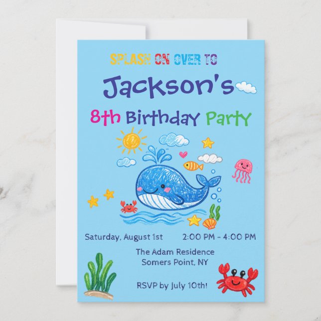 Carte d'invitation thème baleine pour l'anniversai (Devant)