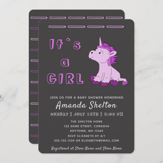 Carte d'invitation Unicorn rose bébé fille douche (Devant / Derrière)