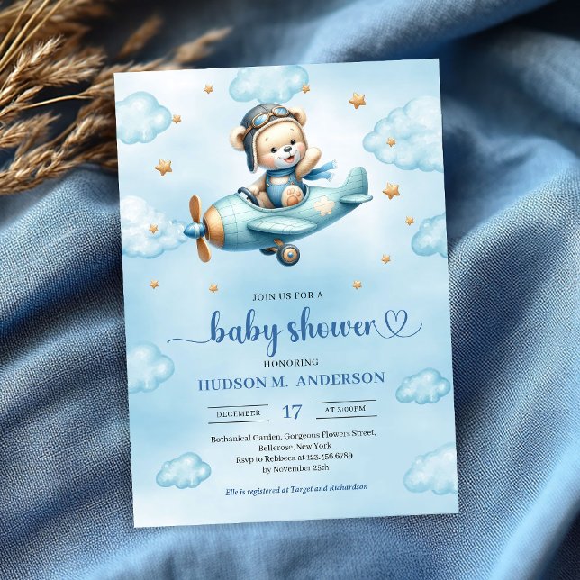 Carte d'invitation unique pour garçon avec ours en (Unique Teddy Bear Pilot Blue Brown Boy Shower Invitation

)