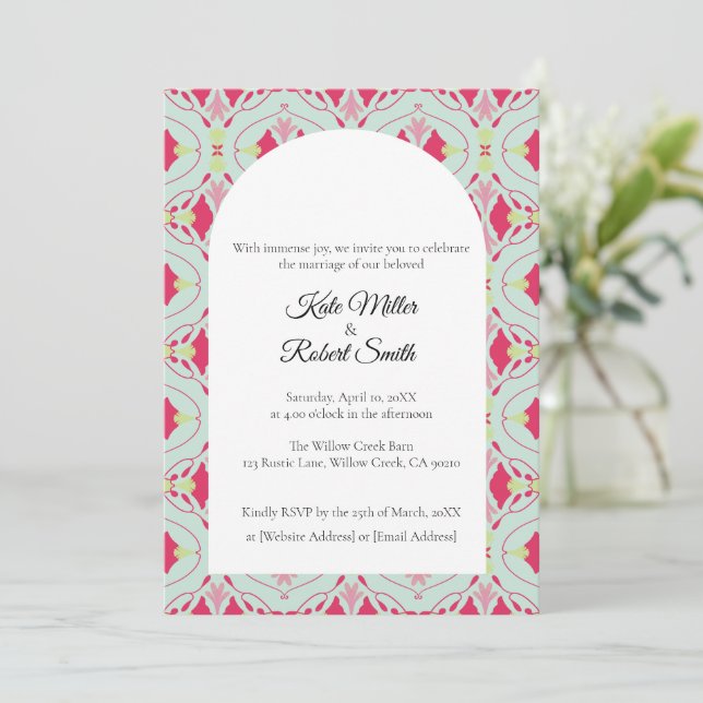 Carte d'invitation verte menthe à motif floral Squ (Debout devant)