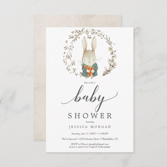 Carte d'invitation vintage pour bébé lapin (Devant / Derrière)