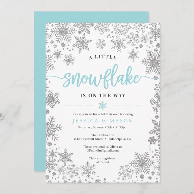 Carte d'Invitations du Baby shower Snowflake hiver (Devant / Derrière)