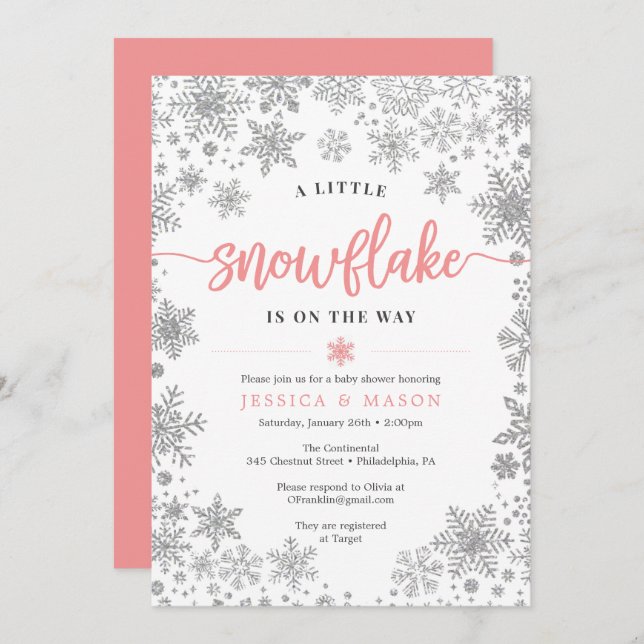 Carte d'Invitations du Baby shower Snowflake hiver (Devant / Derrière)