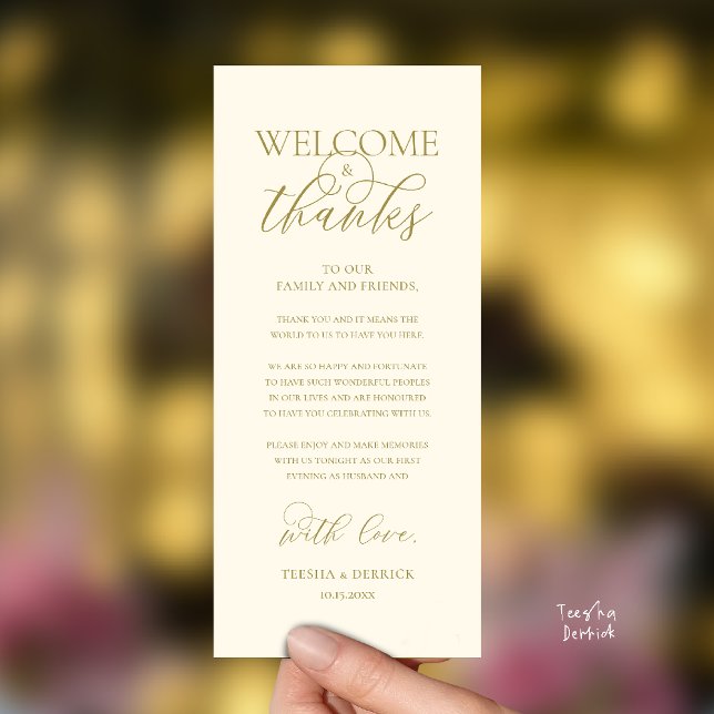 Carte d'invité de réception élégante "Bienvenue et ("Welcome and Thanks" Elegant Wedding Reception Guest Thank you Card in Yellow Gold)
