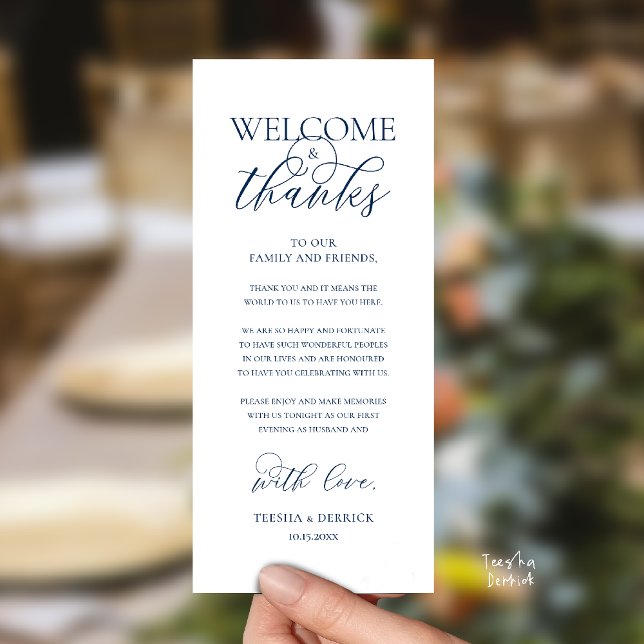 Carte d'invité de réception élégante "Bienvenue et ("Welcome and Thanks" Elegant Wedding Reception Guest Thank you Card in Navy Blue)