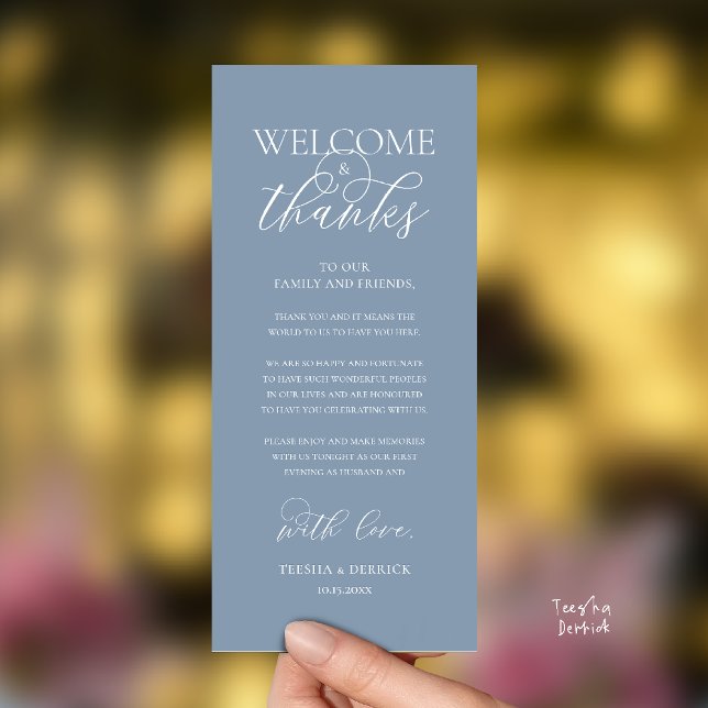 Carte d'invité de réception élégante "Bienvenue et ("Welcome and Thanks" Elegant Wedding Reception Guest Thank you Card in Dusty Blue)