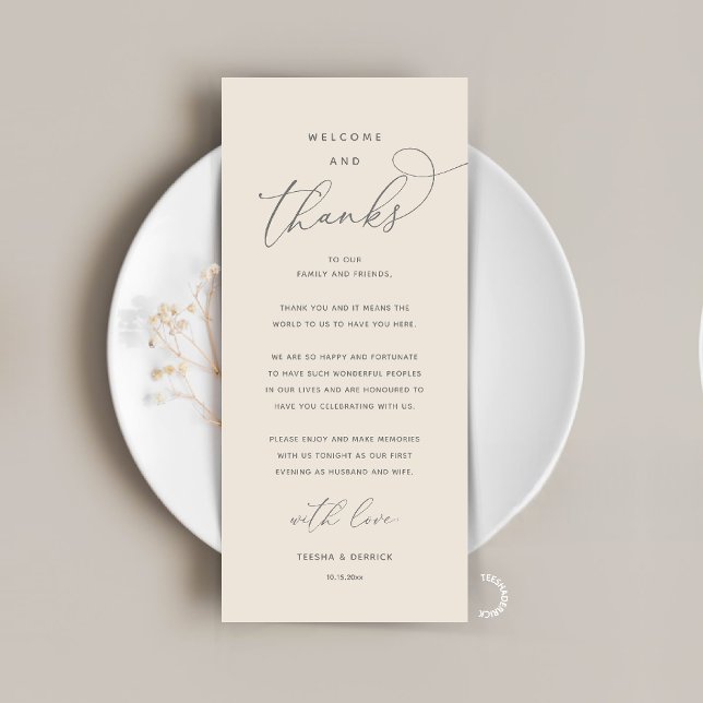 Carte d'invité de réception élégante "Bienvenue et (Modern Elegant Wedding Reception "Welcome and Thanks" Table Card for Guest in Cream Grey)