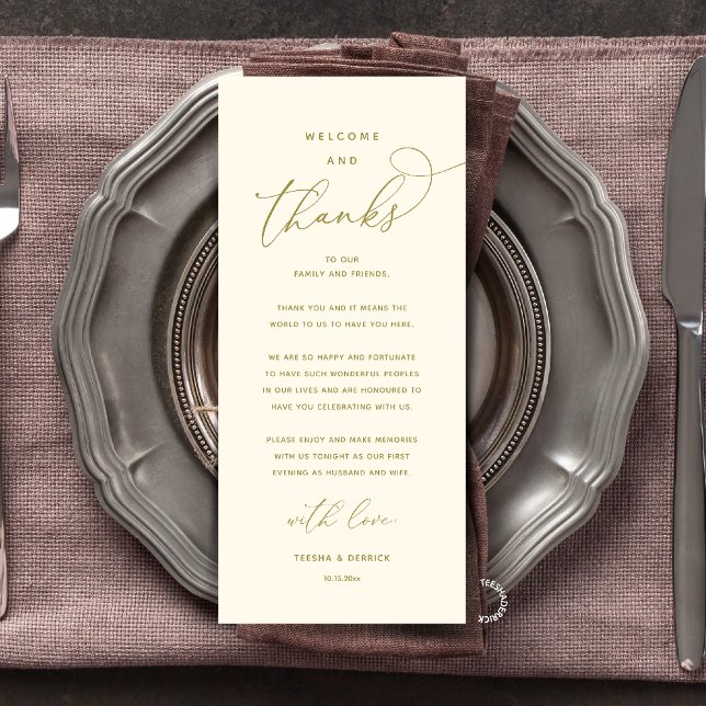 Carte d'invité de réception élégante "Bienvenue et (Modern Elegant Wedding Reception "Welcome and Thanks" Table Card for Guest in Yellow Gold)