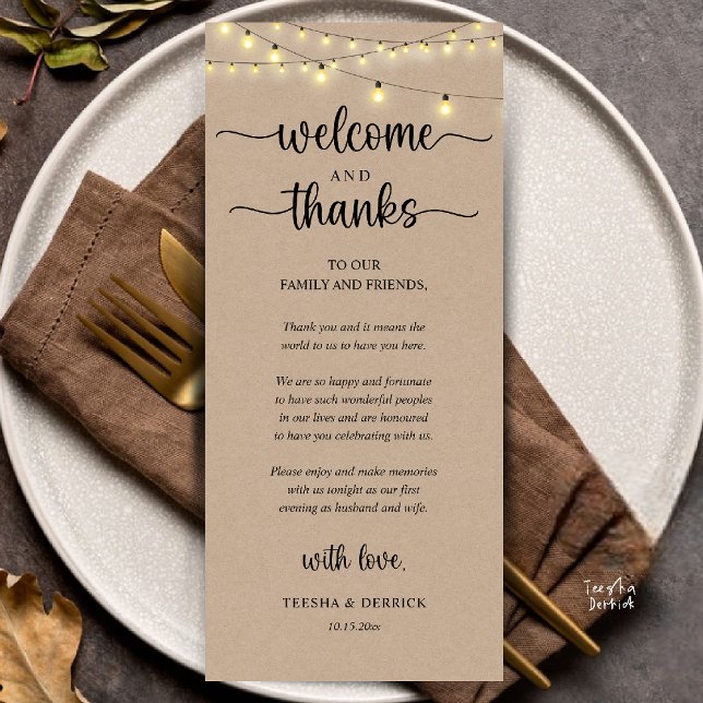 Carte d'invité de réception rustique "Bienvenue et ("Welcome and Thanks" Rustic Reception dinner Guest thank you Card in string lights brown kraft)