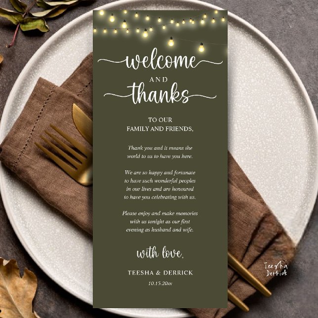 Carte d'invité de réception rustique "Bienvenue et ("Welcome and Thanks" Rustic Reception dinner Guest thank you Card in string lights olive green)