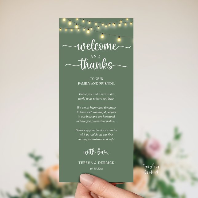 Carte d'invité de réception rustique "Bienvenue et ("Welcome and Thanks" Rustic Reception dinner Guest thank you Card in string lights sage green)