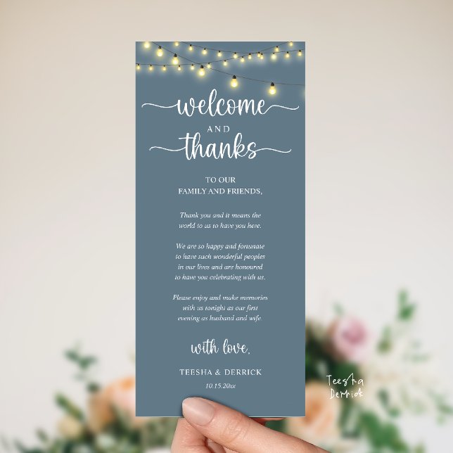 Carte d'invité de réception rustique "Bienvenue et ("Welcome and Thanks" Rustic Reception dinner Guest thank you Card in string lights dusty blue)