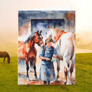 Carte Diplôme de vétérinaire à l'aquarelle avec chevaux