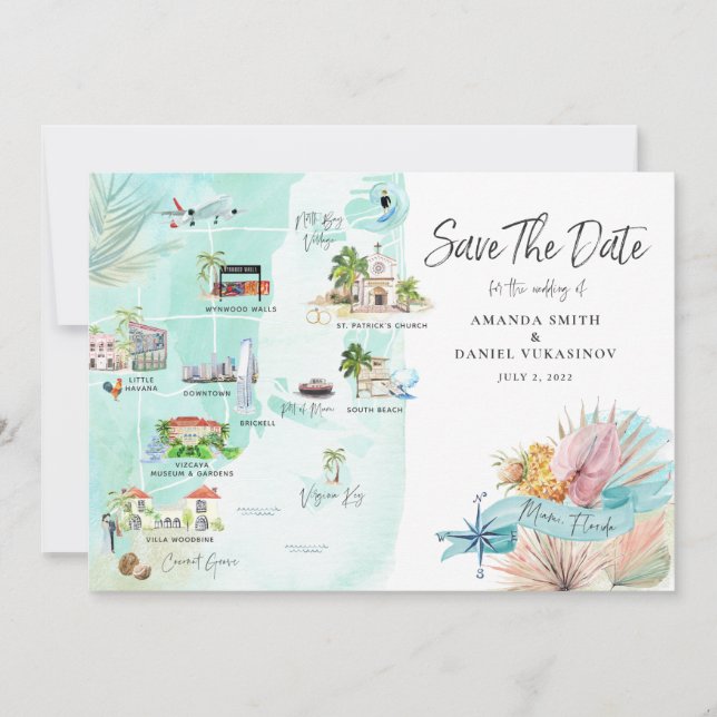 Carte d'itinéraire de mariage de destination Miami (Devant)