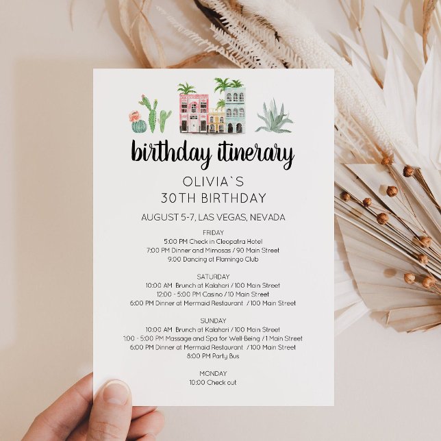 Carte d'itinéraire de week-end d'anniversaire Fies (Fiesta Birthday Weekend Itinerary Card)