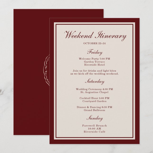 Carte d'itinéraire de week-end de mariage en Bourg (Devant / Derrière)