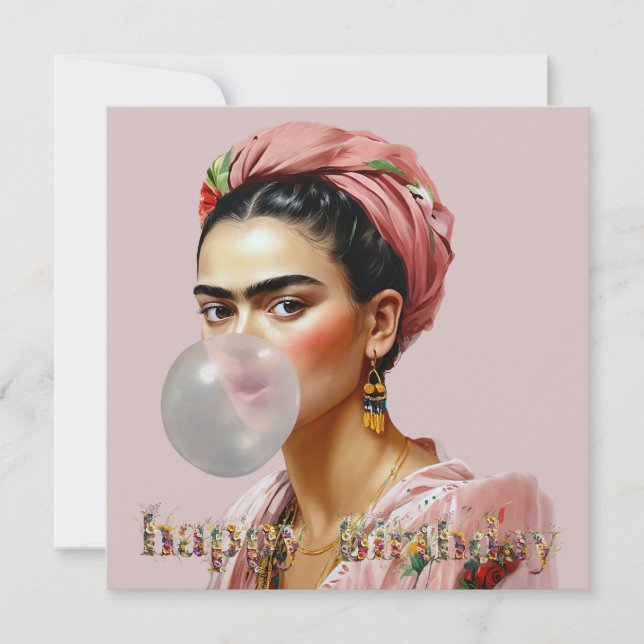 Carte Divas avec écharpe florale soufflant du bubble gum (Devant)