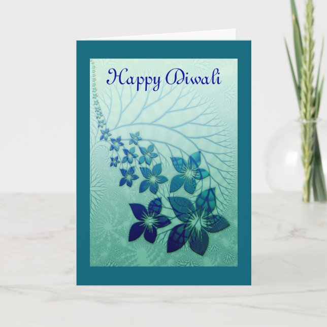 Carte Diwali heureux avec les rouleaux bleus de fleur (Devant)