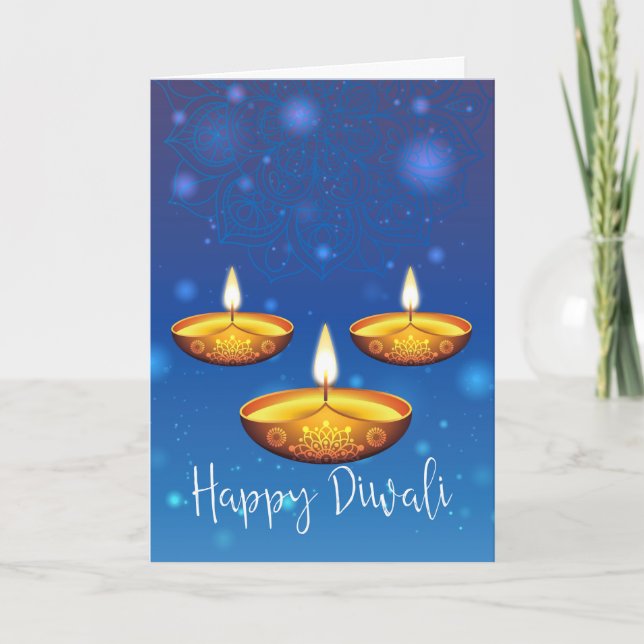Carte Diwali Salutation Avec Lampes, Arrière - plan Bleu (Devant)