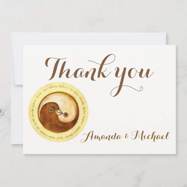 CARTE D'MARIAGE MERCI Gold Yin Yang colombe Harmon (Devant)
