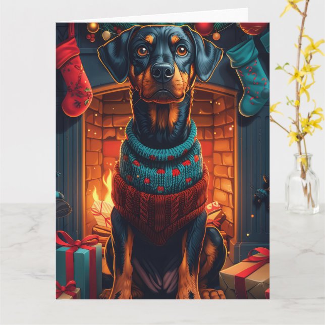 Carte Doberman Chien Avec Les Cadeaux De Noël Cheminée (Fleur jaune)