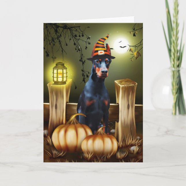 Carte Doberman Chien avec sorcière Casquette Idée cadeau (Devant)