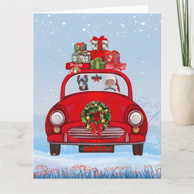 Carte Doberman Chien En Voiture Avec Le Père Noël (Devant)