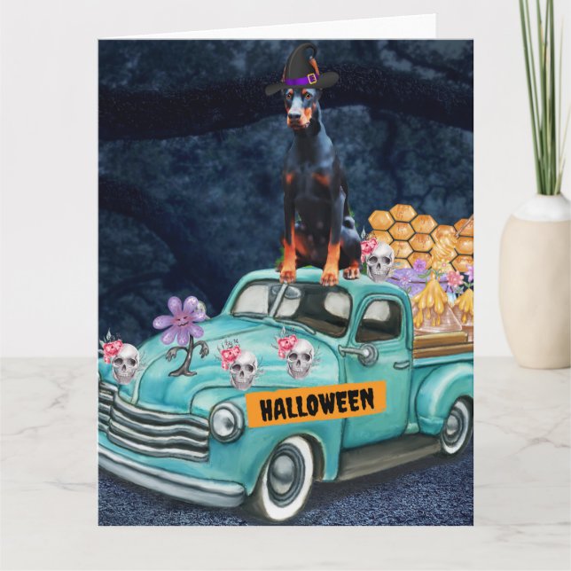 Carte Doberman Chien Halloween Camion Effrayant Nuit (Devant)
