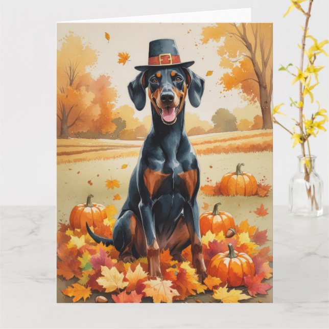 Carte Doberman dans les feuilles d'automne Art de Thanks (Fleur jaune)