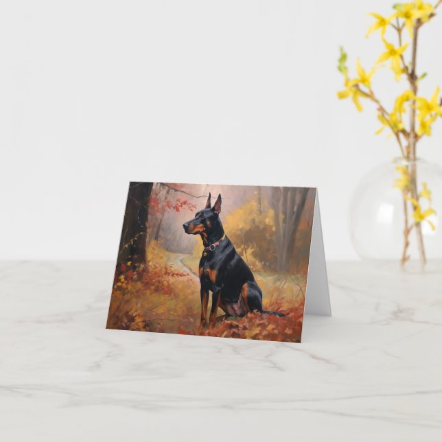 Carte Doberman dans les feuilles d'automne tombent inspi (Fleur jaune)
