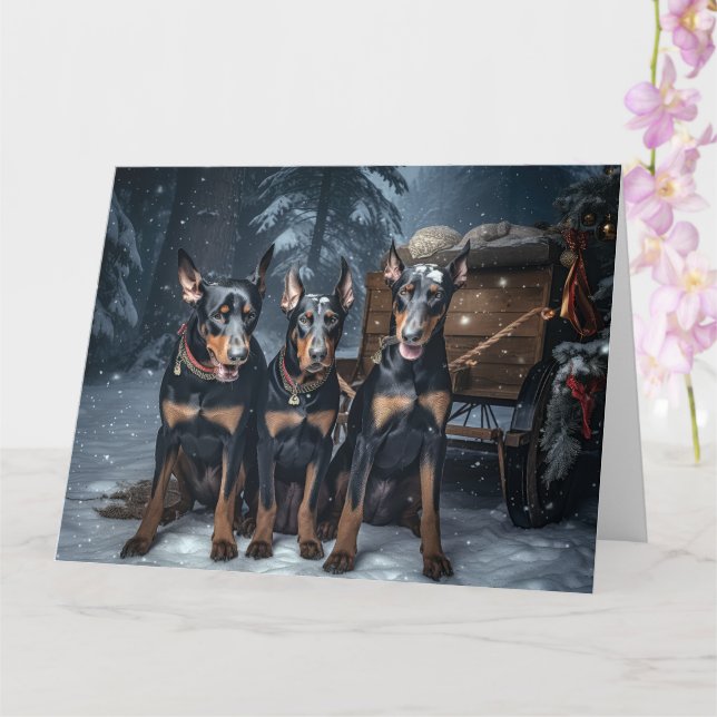 Carte Doberman enneigé Traîneau Décor de Noël (Orchidée)