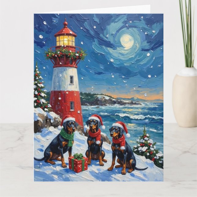 Carte Doberman Pinscher Christmas Lighthouse Holiday (Devant)