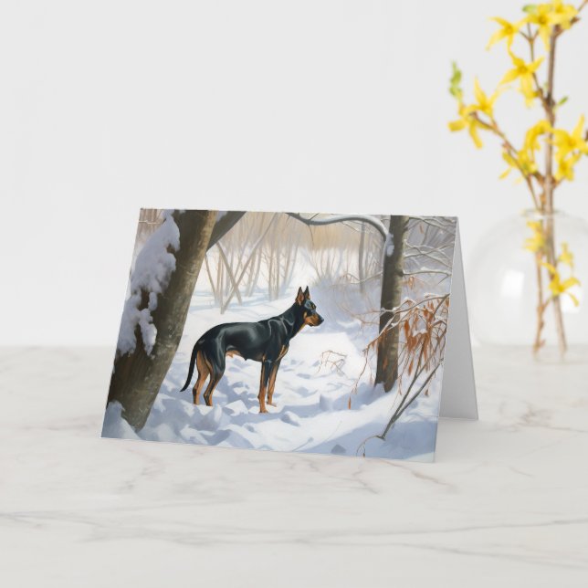 Carte Doberman Pinscher Laisser Neige Noël (Fleur jaune)
