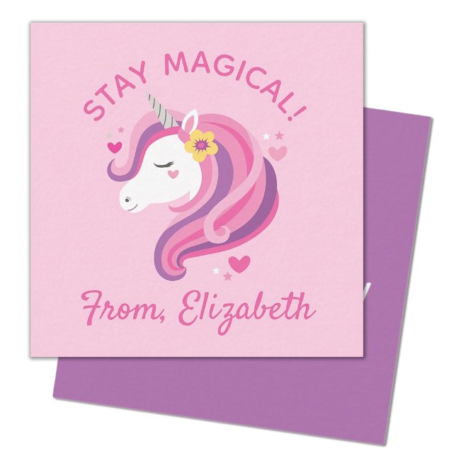 Carte d'observation de jour pour enfants Unicorn V (A cute pink and purple unicorn mini 2.5x2.5' valentine, pervect for a kids classroom exchange)