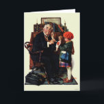 Carte Docteur et poupée<br><div class="desc">Artiste : Norman Rockwell | Dr écoute avec stéthoscope à poupée tenue par petite fille</div>