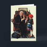 Carte Docteur et poupée<br><div class="desc">Artiste : Norman Rockwell | Dr écoute avec stéthoscope à poupée tenue par petite fille</div>