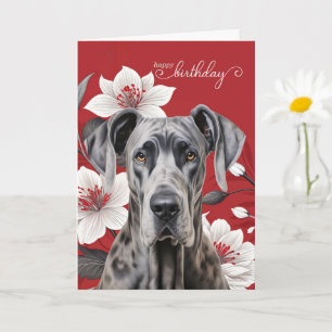 Carte Dogue allemand Anniversaire Lys blancs sur fond ro