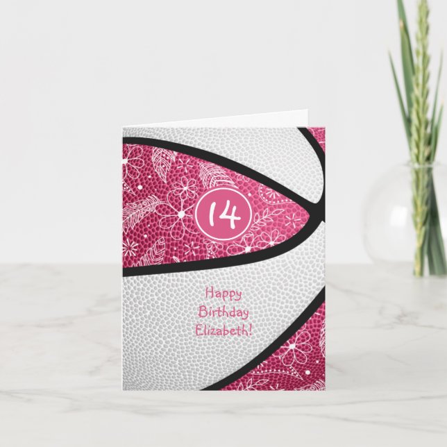 Carte doodle floral rose blanc poule de basket anniversa (Devant)